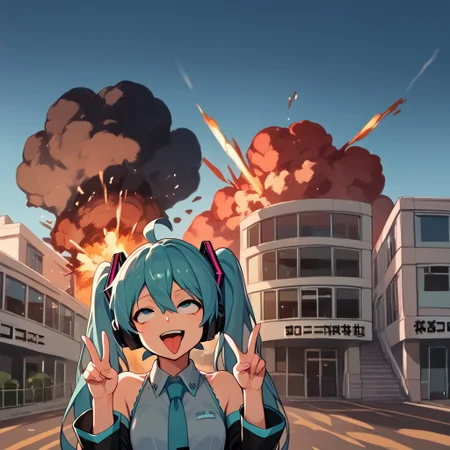 score_9, score_8_up, score_7_up, source_anime BREAK ahebomb, explosion, big explosion, upper body, niconicohonsya, (three-storey building), blue sky, fence, lamppost, outdoors, power lines, road, scenery, shadow, sign, simple background, sky, stairs, street, traffic light, watermark, wide shot, window, 1girl, solo, hatsune miku, twintails, hair between eyes, ahoge, headphones, collared shirt, detached sleeves, necktie, bare shoulders, rolling eyes