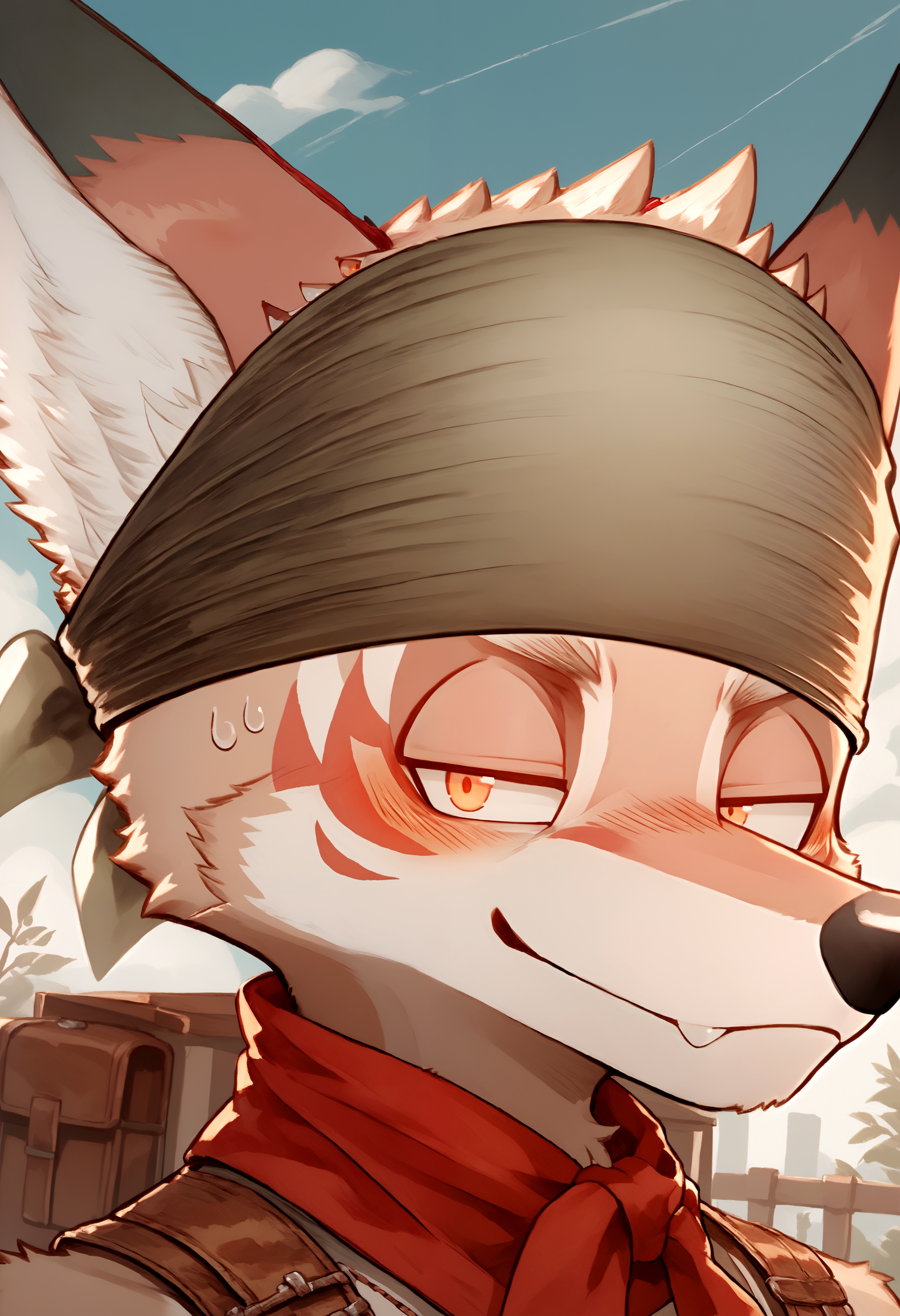 score_9, score_8_up, score_7_up, <lora:AmoreyAnother_Eidos-000001>, amorey, furry male, fox tail, bandana, white fur,  red scarf, 1boy, solo, looking at viewer, smirk,  outside,