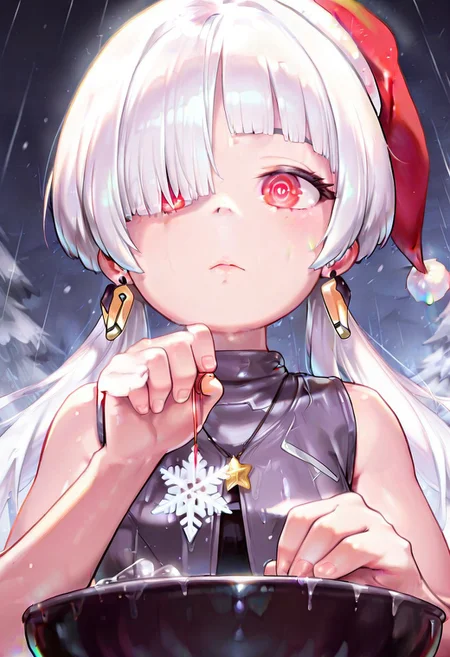 masterpiece,best quality,amazing quality, <lora:cinderella_nikke_illustrious_goofy:1> cinderellanikke, red eyes, white hair, ringed eyes, hair over one eye, one eye covered, white pupils, (short bowl cut hair:1.9) twintails, 1girl, serious, earrings, eyelashes, fingernails, forehead, jewelry, lips, long hair, looking at viewer, necklace, Santa hat, dark gray sleeveless vest, holding a bat, raining, snow, snow flakes, stars, close-up, portrait, solo, Henreader
