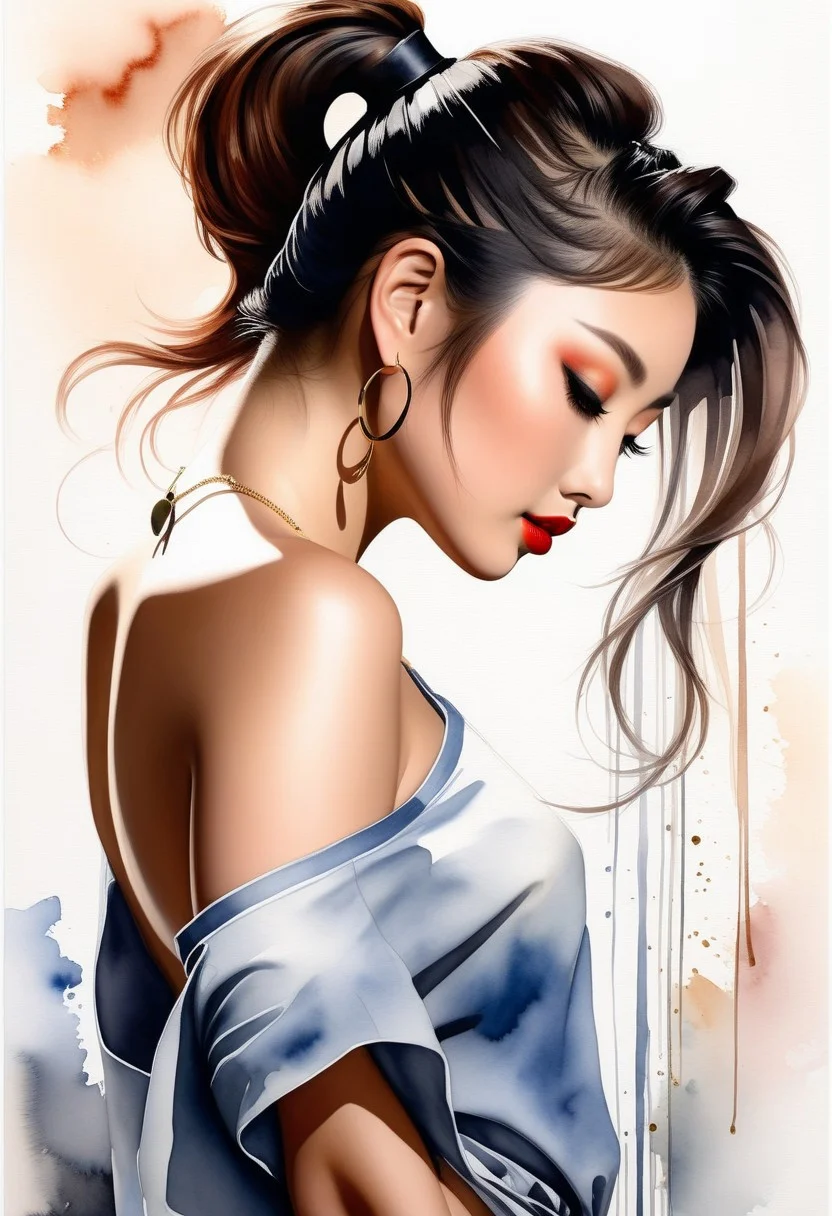 Magnificent abstract watercolor image in the style of a cinematic movie poster; ultra-crisp lines and high photorealism; low-angle, off-center view from below and the side, capturing a stunning 18 year old Japanese woman with large breasts and with a high ponytail, sultry red lips, smoky dark eyeshadow, and flawless porcelain skin; wearing a thin, loose camisole and a frayed denim shorts; adorned with layered heavy necklaces and long dangling earrings; dramatic, directional lighting casting expressive shadows; abstract, flowing background with vibrant watercolor textures; sensual and seductive atmosphere with a tasteful erotic allure; artistic, moody, and visually striking composition