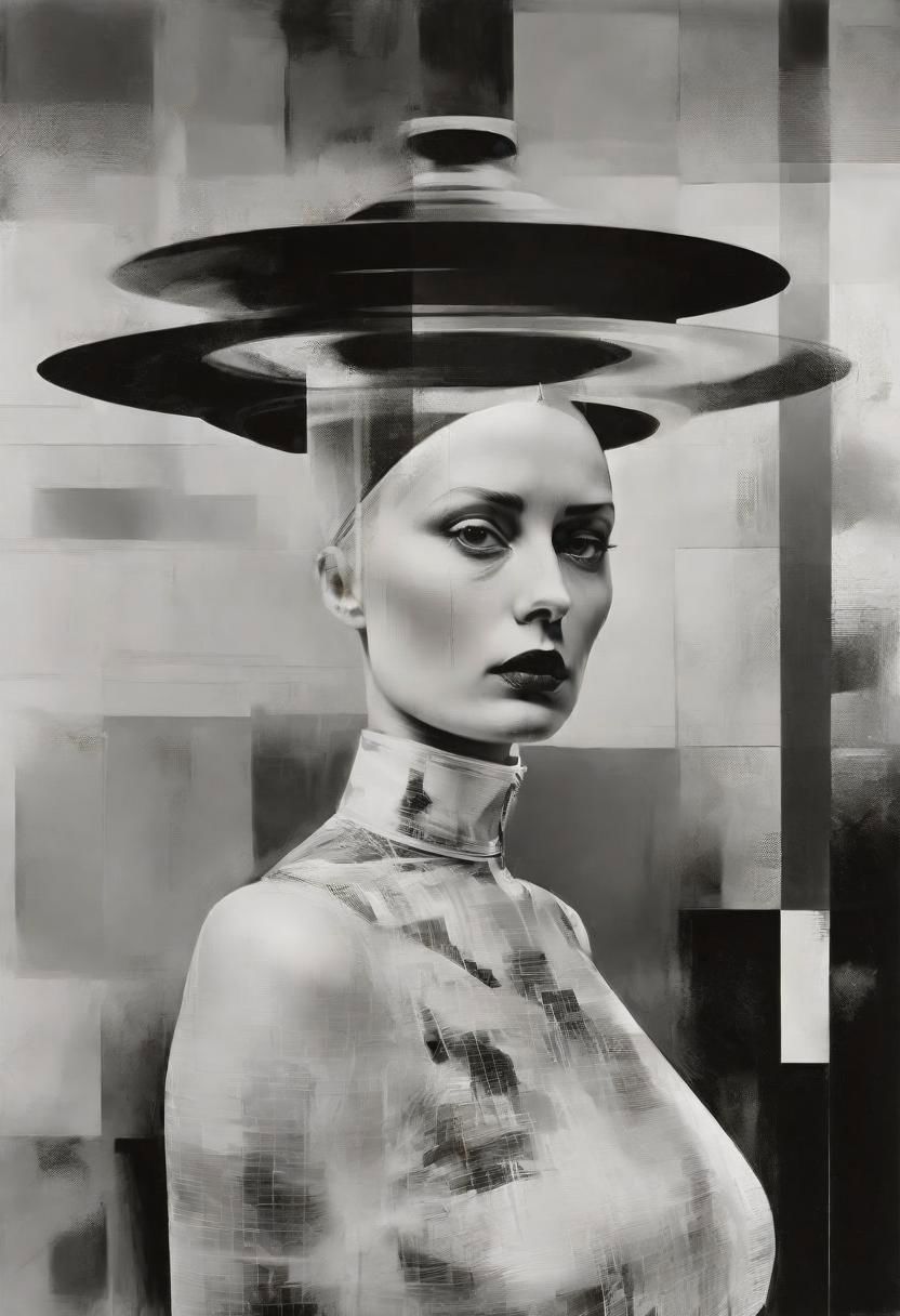 Monochrome black and white, Dali, Magritte, Delvaux, Bellmer, Malevitch, Rodchenko, Mondrian, Kandinsky, Popovna, psychedelic hallucination, pop surrealism, rough crosshatch drawing pop art Lunatic_Portrait of a young woman in latex Avant-garde Fashion page, slick back, low bun, black makeup, sinister expression, intense glare, avant-garde, abstract, weird, geometric, constructivism, suprematism, rayonism, verticism, lineism, tj