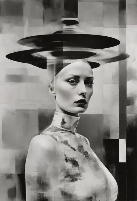 Monochrome black and white, Dali, Magritte, Delvaux, Bellmer, Malevitch, Rodchenko, Mondrian, Kandinsky, Popovna, psychedelic hallucination, pop surrealism, rough crosshatch drawing pop art Lunatic_Portrait of a young woman in latex Avant-garde Fashion page, slick back, low bun, black makeup, sinister expression, intense glare, avant-garde, abstract, weird, geometric, constructivism, suprematism, rayonism, verticism, lineism, tj