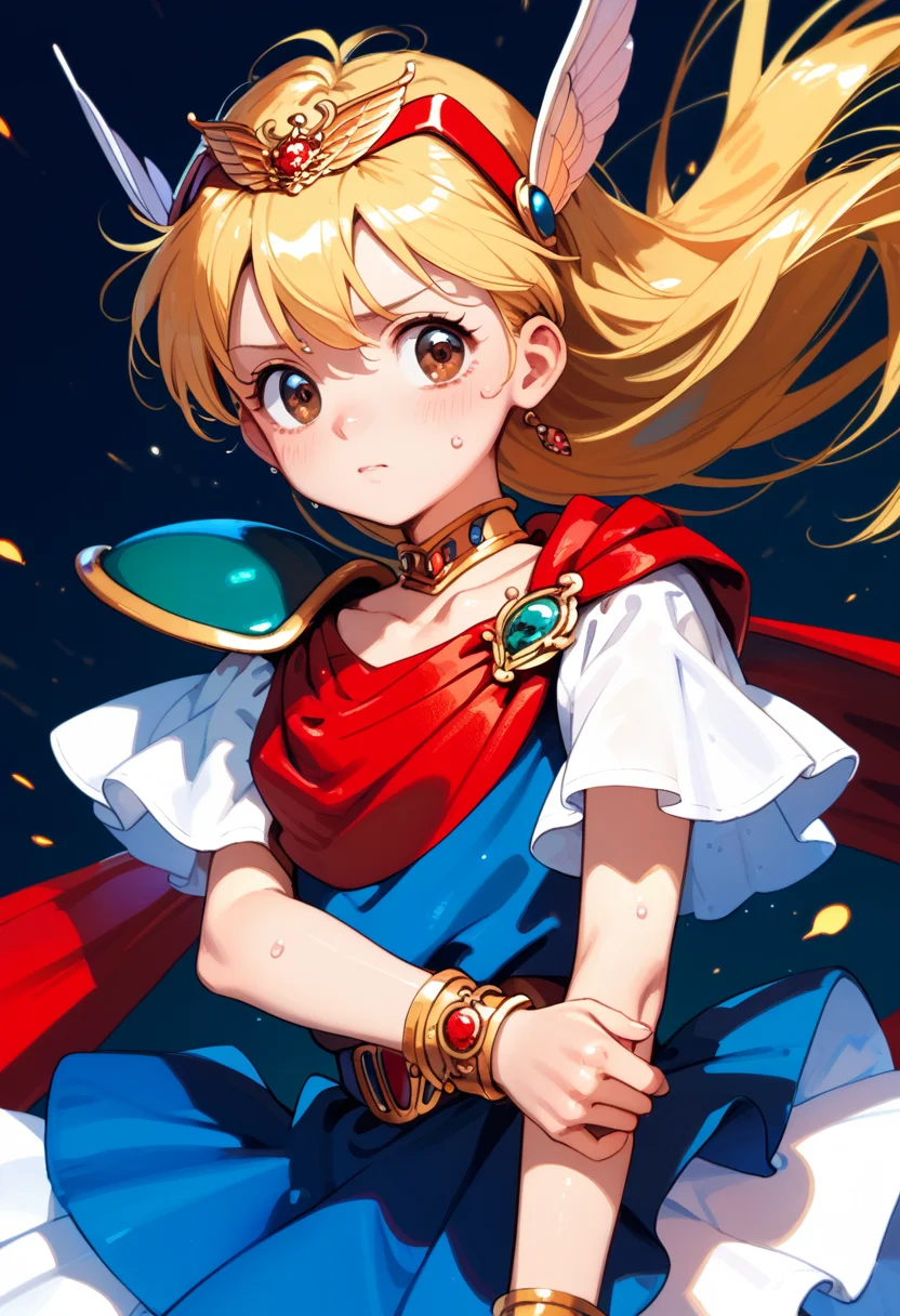 score_9, score_8_up, score_7_up, score_6_up, anime_lineart
1girl, solo,
<lora:chacha magical princess:1>, chacha magical princess, blonde hair, jewelry, dress, bracelet, cape, brown eyes, red eyes, tiara, skirt, choker, shoulder armor, hairband, armor, belt, pauldrons
sweat,