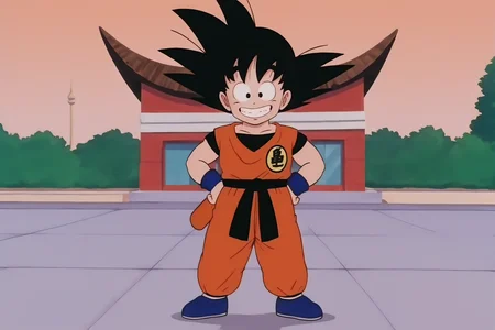 source_anime, score_9, score_8_up, score_7_up, anime screencap,8k, absurd res, 
son goku, male child, solo, looking at viewer, smile, skyline, black hair, 1boy, city, standing, full body, male focus, boots, grin, black eyes, hand on hip, happy, spiked hair, wristband, hands on hips, blue footwear, dougi, blue sash, blue wristband, clothes writing, blue undershirt, short sleeves, orange pants, orange topwear, print topwear, raised eyebrows, teeth, symbol
 <lora:gokudb_pony_v3:0.8>