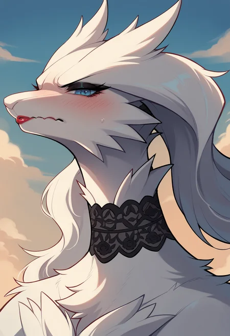 score_9, score_8_up, score_8, source_anime, 1girl, <lora:Reshiram:0.9> solo, white fur, dragon, pokemon (creature), blue eyes, from side, close-up, portrait, face focus, looking at viewer, black eyeshadow, lipstick, lace choker, blush, embarrassed,
sky background, clouds,