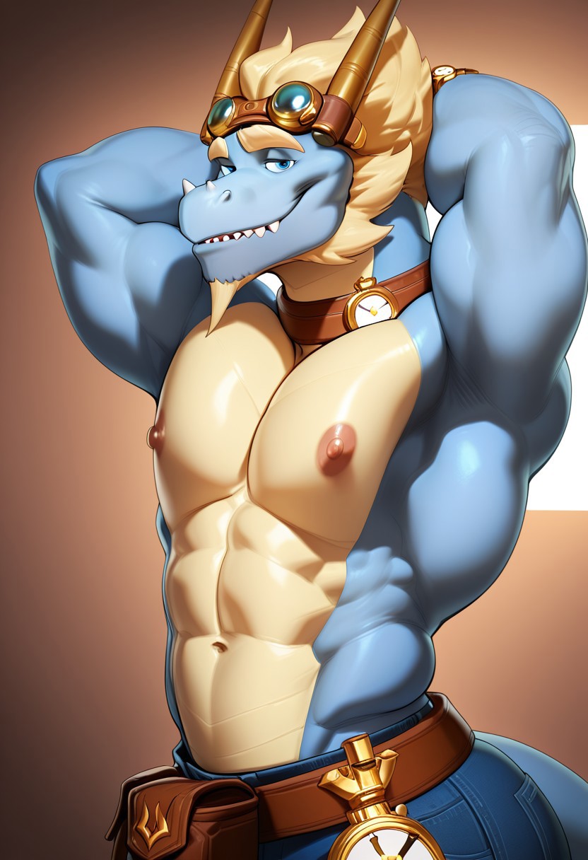 Masterpiece, best quality, high quality, detailed, Lindar, male, solo male, dragon, anthro dragon, blue skin, light yellow underbelly, blue eyes, thick eyebrows, blonde hair, sharp teeth, facial hair, small horn on nose, goggles, brown collar, wristwatch, brown belts, thick thighs, smiling, looking at viewer, hands behind head, standing, workshop, nipples, brown leather jacket, jeans, half body, athletic build, pecs