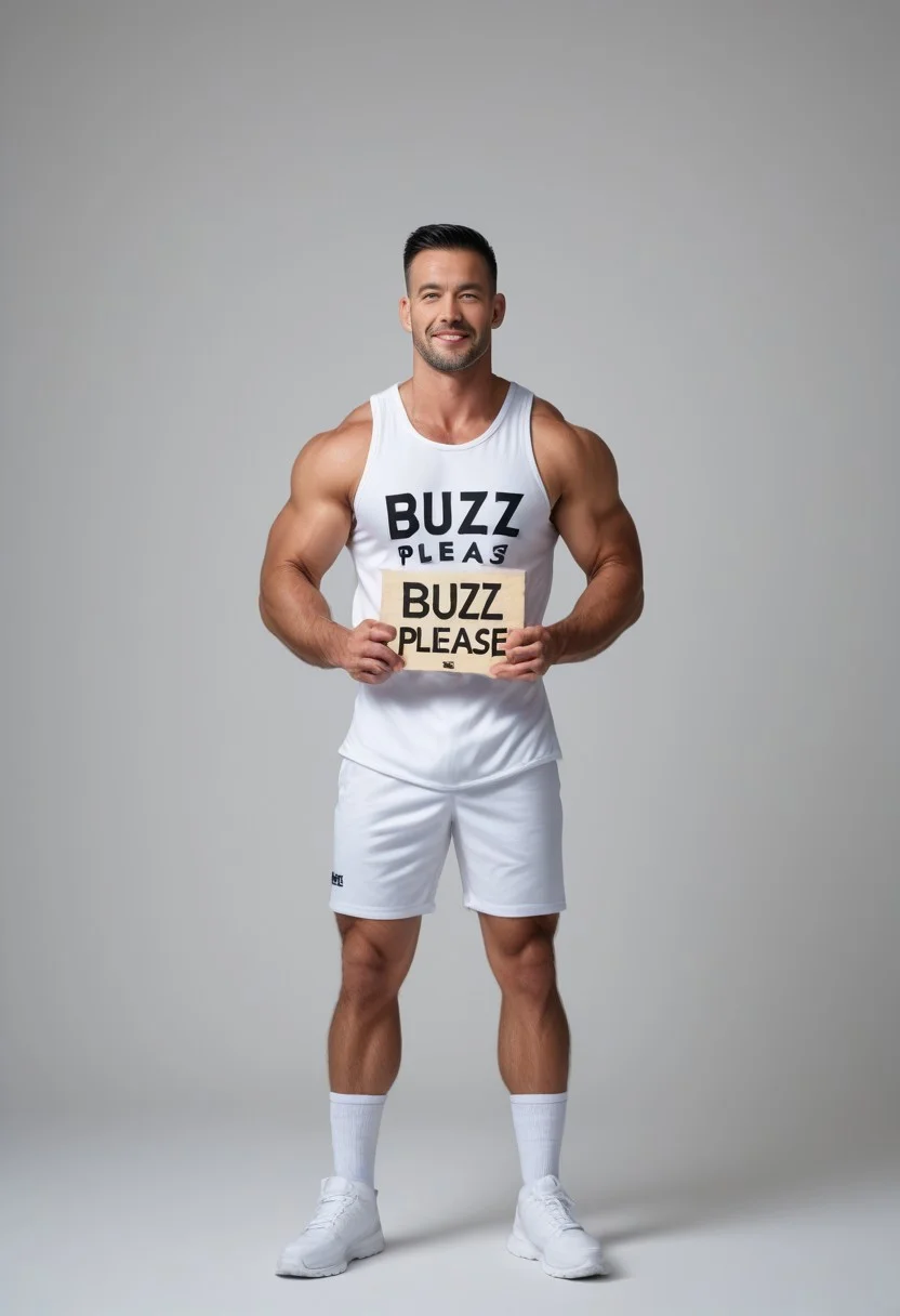 A handsome man in a plastic singlet holding a sign that reads "BUZZ Please"