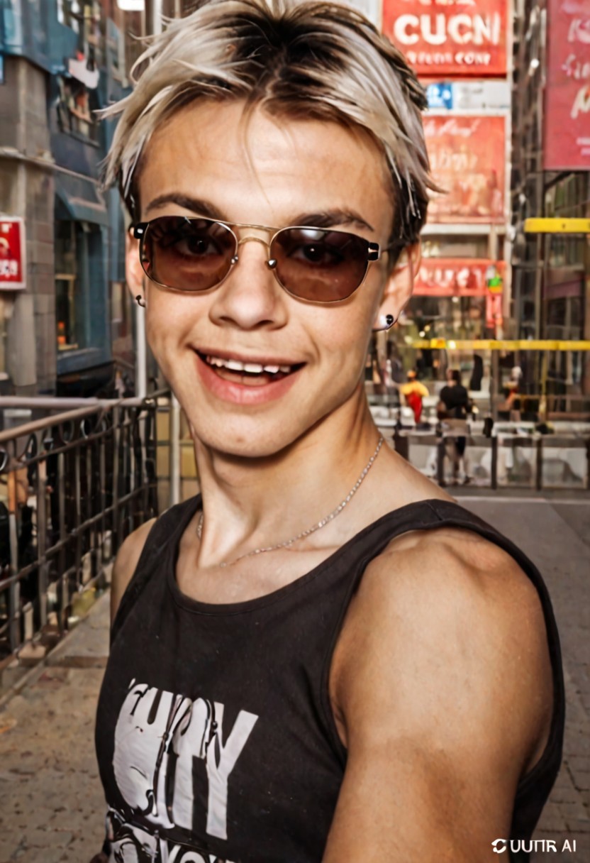 (Xcurix:1.6),(in city:1.5), guy close portrait, black tshirt, white hair, sunglasses, very open mouth, smiling , modern clothes stile ciberpunk, high definition,
