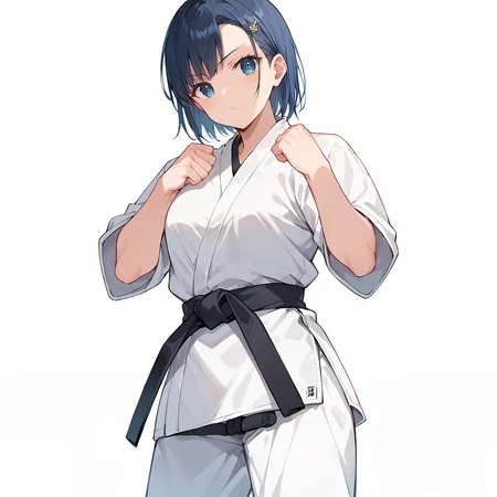 score_9, score_8_up, score_7_up,source_anime, high res image,masterpiece,best quality,girl,cute face,clear skin,shiny hair,ultra detailed eyes,simple background , <lora:karate_pony_V1.0:0.8> karate, dougi, belt,clenched hand
