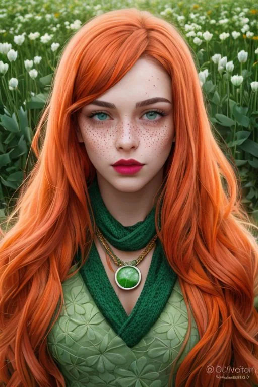 1girl, ultra realistic style, ultra high definition, redhead, celtic green tiny dress, tender eyes, pretty face, sexy lips, huge nekline, on garden stage, green eyes, dark pink lips, detailed eyes, wearing a witch's knot necklace, translucent dark orange shawl, standing in a field of clovers, beautiful youthful and realistic face, adorable and pretty face, freckles on the chest, cute face style, very long and wavy hair