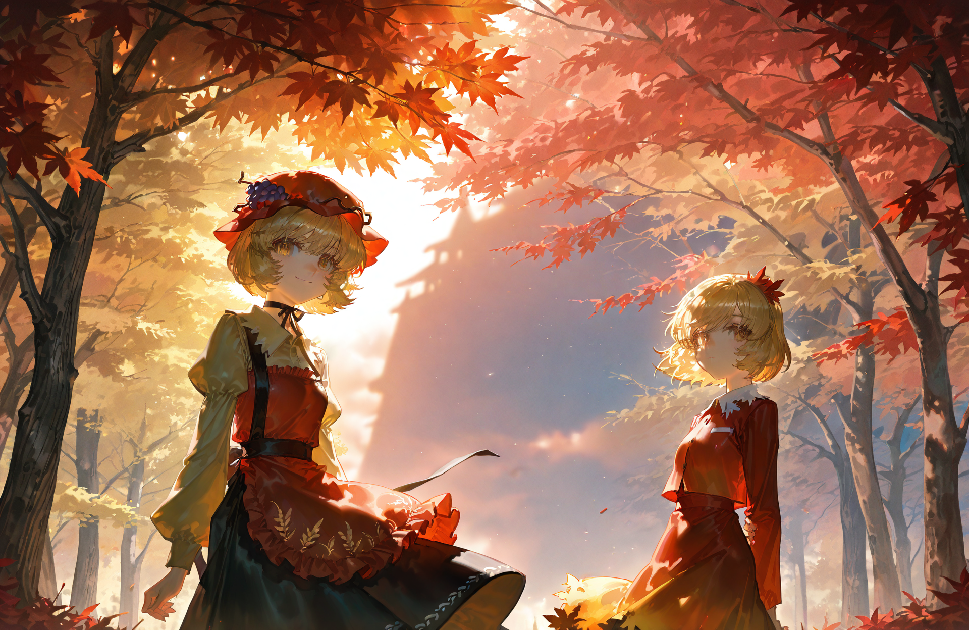 2girls , aki_minoriko, aki_shizuha ,highres ,apron, blonde_hair ,dress ,grape_hat_ornament ,hat, multiple_girls ,red_apron ,red_dress ,red_hat ,short_hair ,smile ,leaf ,maple_leaf , outdoors  ,tree,
rella, rolua, quasarcake:0.8,negative space,  very awa, looking at viewer,
masterpiece, best quality, Good quality, very aesthetic, absurdres, newest, (Perfect details),
<lora:ponyv5_noobE11_1_adamW:0.7>, <lora:illustrious_noobai_epsilon_pred_1_best_quality_v1:0.7>, <lora:illustrious_noobai_epsilon_pred_1_masterpieces_v1:0.7> ,<lora:illustrious_noobai_epsilon_pred_11_very_aesthetic_v1:0.7>,