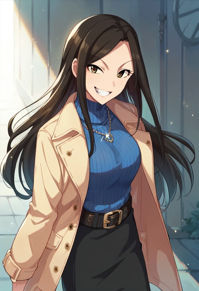 score_9, score_8_up, score_7_up, source_anime,mukai takumi, long hair, black hair, hazel eyes, 1girl, belt, skirt, solo, smile, sweater, grin, jewelry, necklace, ribbed sweater, black skirt, turtleneck