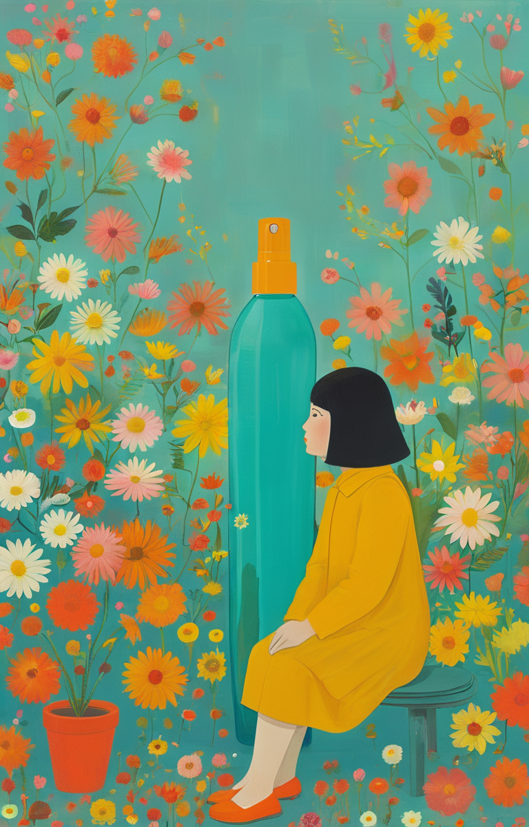masterpiece,best quality,<lora:tbh289-sdxl:0.9>,illustration,style of Joan Cornella A bottle of perfume in garden