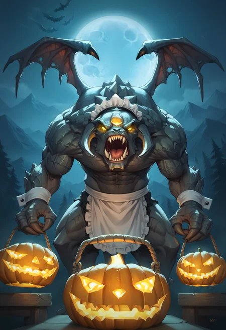score_9, score_8_up, score_7_up, score_6_up, score_5_up, score_4_up, BREAK, roshanpdxl, teeth, monster, wings, sharp teeth, claws, yellow eyes, glowing eyes, fangs, standing, bara, mountains, bare trees, night, moon, maid costume, maid headdress, maid shirt, skirt, cowboy shot, muscular, hunched, halloween, halloween basket, pumpkin, <lora:Roshan:0.8>, annoyed, open mouth, looking at viewer, close up, holding
