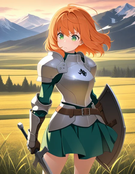(4k4t4), <lora:1_illu_akata_itsuki_16e:1>, 1girl, armor, sword and shield, skirt, freckles, orange hair, medium hair, green eyes, field, mountains, (masterpiece, best quality, amazing quality),