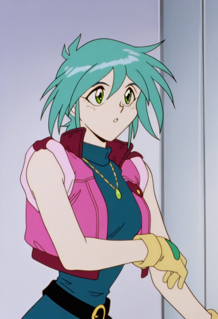 2gallenby, green eyes, sleeveless jacket, sleeveless bodysuit, gold necklace, gloves, belt, anime screencap, retro artstyle,