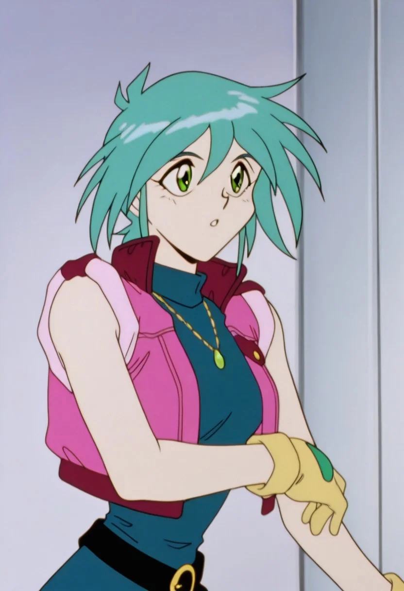 2gallenby, green eyes, sleeveless jacket, sleeveless bodysuit, gold necklace, gloves, belt, anime screencap, retro artstyle,