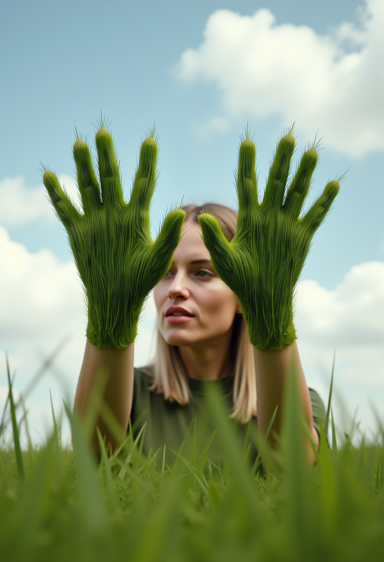 a woman examining her morphed hands. she can't believe her eyes that her hands have turned into grass. each finger is now a strand of green lush grass a testament to how grass-hands can be both trendy and luxurious, procedural sky  <lora:Dever_Flux_Enhancer:0.5>