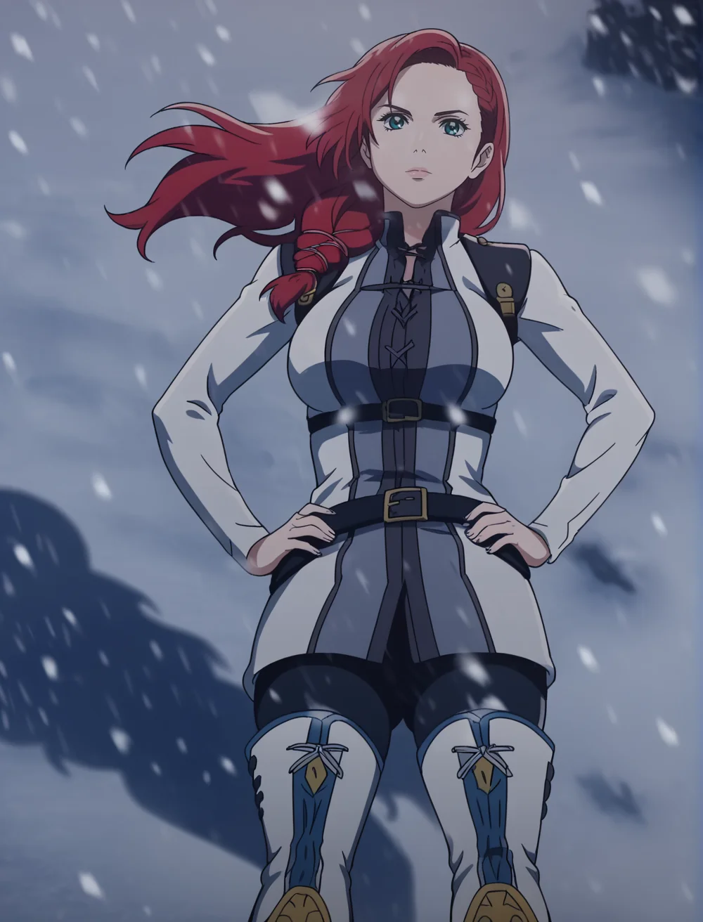 best quality, highres, HeraLOTR, solo, red hair, long hair, braid, green eyes, (uniform), black pants, belt, white thigh boots, breasts, dynamic angle, angle, outdoors, realistic background, blurry background, bokeh, looking at viewer, head tilt, hips tilt, on snow, snowing, on snowy mountain, dark, from below, closed mouth, upset, shadows, shadow, hands on hips, <lora:HeraLOTR:0.9>