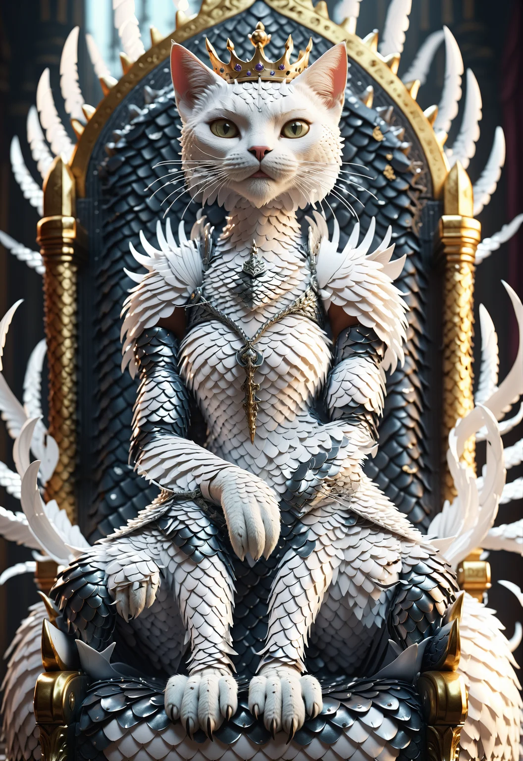 an anthropomorphic cat queen made of white scales sitting on a throne of swords, majestic, octane render, cinema 4d, blender, dark, atmospheric 4k ultra detailed, cinematic sensual, Sharp focus, humorous illustration
<lora:dvrscls:0.8> dvrscls