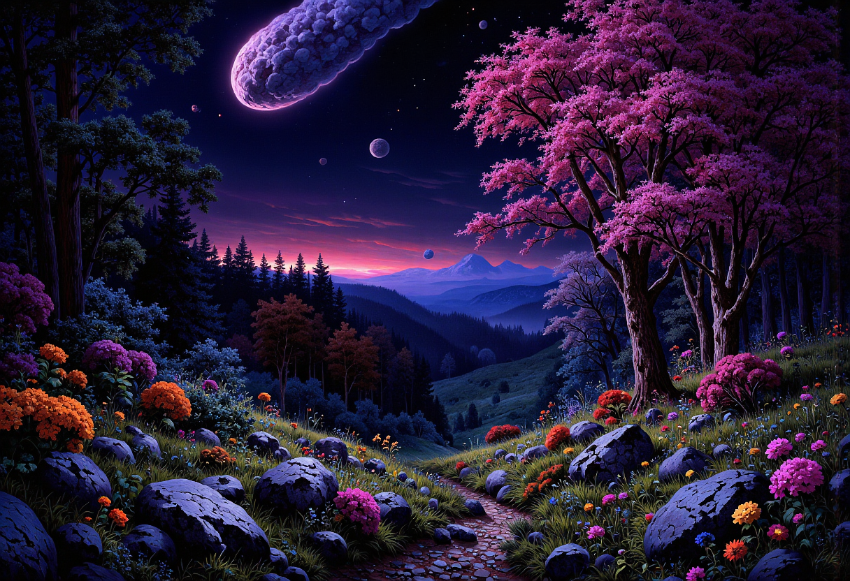 (in full view:1.2), (seen from a distance, wide angle:0.55), The style a combination of [Clyde Caldwell|Igor Zenin|Christopher Balaskas], Under lighting, alien planet, alien plants, bioluminescent plants. Harmonious madness, synergy with chance, unique art style, mind bending art, magical surrealism. Digital painting in a realistic style representing strange visions of A forest, struck by a meteorite has been altered by radiation coming from the meteor. The forest, once a popular place for walks has transformed into something out of another dimension. The trees, plants and animals have all begun to transform into life forms alien to earth. NeuroWeave animals have been seen and reported to the authorities that can change form at will or part of its body can break off change into something else when it needs to. The wild flowers have become more colorful and have unusual patterns. A digital rendering, high-res, ultra detailed, photo manipulation, altered realities, <lora:+FluxVelvet's_Mythic_Fantasy:0.7> <lora:Midjourney_Whisper_Chromaplex_Velvet_Myst_v01:0.4> <lora:flux.1_lora_flyway_Epic_gorgeous-detail_v2:0.35> <lora:Amazing_scenery_v3:0.6> <lora:UltraReal_Fine-Tune:0.3> <lora:Realism-lora-Flux:0.6> <lora:low-light-flux-v2:0.5>