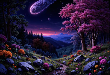 (in full view:1.2), (seen from a distance, wide angle:0.55), The style a combination of [Clyde Caldwell|Igor Zenin|Christopher Balaskas], Under lighting, alien planet, alien plants, bioluminescent plants. Harmonious madness, synergy with chance, unique art style, mind bending art, magical surrealism. Digital painting in a realistic style representing strange visions of A forest, struck by a meteorite has been altered by radiation coming from the meteor. The forest, once a popular place for walks has transformed into something out of another dimension. The trees, plants and animals have all begun to transform into life forms alien to earth. NeuroWeave animals have been seen and reported to the authorities that can change form at will or part of its body can break off change into something else when it needs to. The wild flowers have become more colorful and have unusual patterns. A digital rendering, high-res, ultra detailed, photo manipulation, altered realities, <lora:+FluxVelvet's_Mythic_Fantasy:0.7> <lora:Midjourney_Whisper_Chromaplex_Velvet_Myst_v01:0.4> <lora:flux.1_lora_flyway_Epic_gorgeous-detail_v2:0.35> <lora:Amazing_scenery_v3:0.6> <lora:UltraReal_Fine-Tune:0.3> <lora:Realism-lora-Flux:0.6> <lora:low-light-flux-v2:0.5>