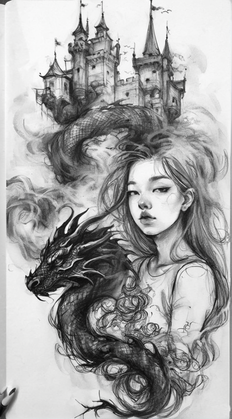 visiblend girl and dragon of the castle, black ink<lora:visiblend:0.8>
