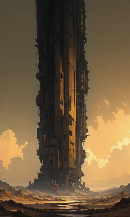 A towering dark industrial structure looms over a barren sandy landscape with a hazy yellowish sky, <lora:- iLL -PdJ_highres_counterweight_V1.0-step00004500:.8>, <lora:Illustrious:0.4>, <lora:- iLL - glitchy_neon_stuff_V1.0-step00005000:.4> <lora:ck-Sommo-Concept-Art-IL:0.8>