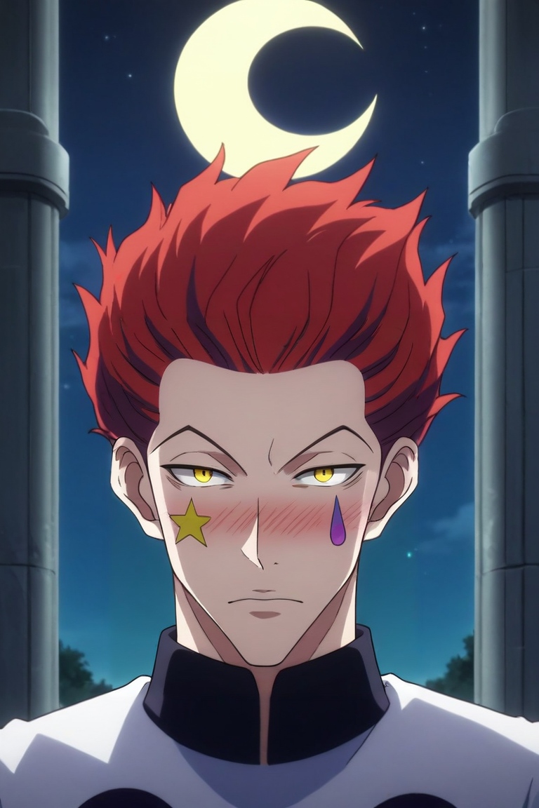 score_9, score_8_up, score_7_up, source_anime, rating_safe, , anime screencap, anime coloring, , looking at viewer, , 1boy, solo, male focus, <lora:hisoka_morow_pony:0.76>, hisoka_morow, red hair, yellow eyes, facial mark, star (symbol), symmetry, castle, night, crescent moon, holding instrument, embarrassed, nose blush, , <lora:sdxl_lightning_8step_lora:1>