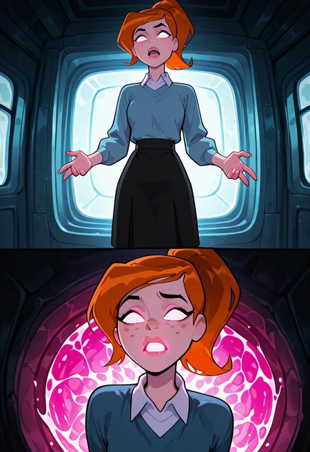 ((screencap, cartoon)) , masterpiece, best quality, amazing quality, very aesthetic, absurdres, newest,
ovgwen, orange hair, 1girl, freckles,, lips
ponytail, blue shirt, white collar, black skirt, long sleeves,
open mouth, glowing mouth interior, glowing eyes, no pupils, beams of light, pink liquid, pink glowing, hands,