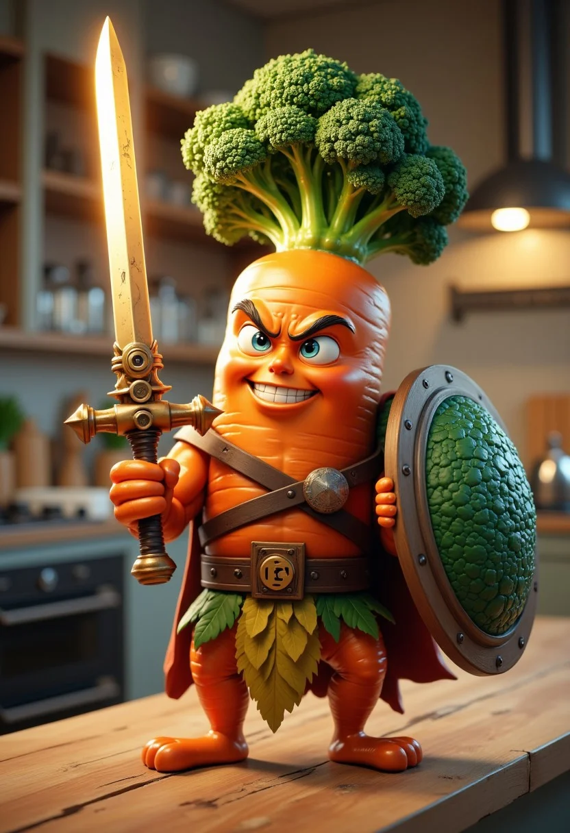 A professional photograph of a cartoonish carrot soldier, standing fierce and ready to charge into battle. The carrot has a determined, fierce face with exaggerated eyes and a bold expression. It grips a large broccoli shield in one hand, with the florets forming a thick, sturdy defense, and wields a sharp, glowing turnip sword in the other, emphasized by its gleaming edge. The background is set in a kitchen with counters, utensils, and soft lighting, creating a playful yet heroic atmosphere as the carrot soldier prepares for its fight