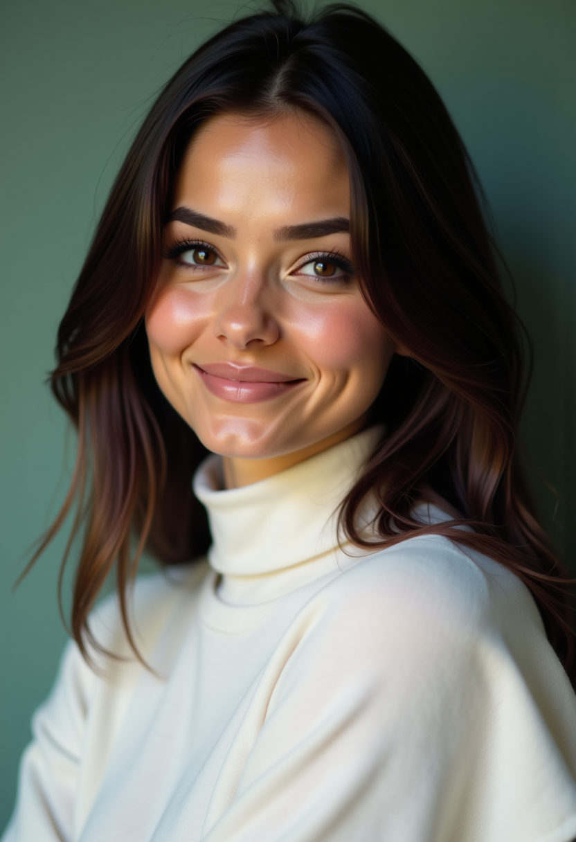 Headshots,masterpiece, a beautiful woman,Hyperrealistic, she is smiling, dynamic angles, multiple angles, photoshoot poses; A photo of a woman with hair, she has massive breasts, a beautiful girl,she is wearing a white turtleneck sweater.she has massive breasts, she has piercing eyes. a dynamic pose and a sense of action. simple green background, and the lighting is soft, creating a dramatic effect, creating a focused and dynamic pose.; the scene is set in a beautiful well-lit environment, with a sense of action and adventure. Style: realistic hyper-detailed rendering, 32k UHD, expressive eyes, punk, graphic design, girl's face, pretty and cute, gleaming lips, telling a tale of adventure. Exuding confidence and serenity. The overall mood of the image is happy and relaxed, detailed skin texture,(blush:0.2),(goosebumps:0.3), subsurface scattering,with a playful and whimsical tone,perfect hand, hand, detailed hand,niji style,retro50s_style,