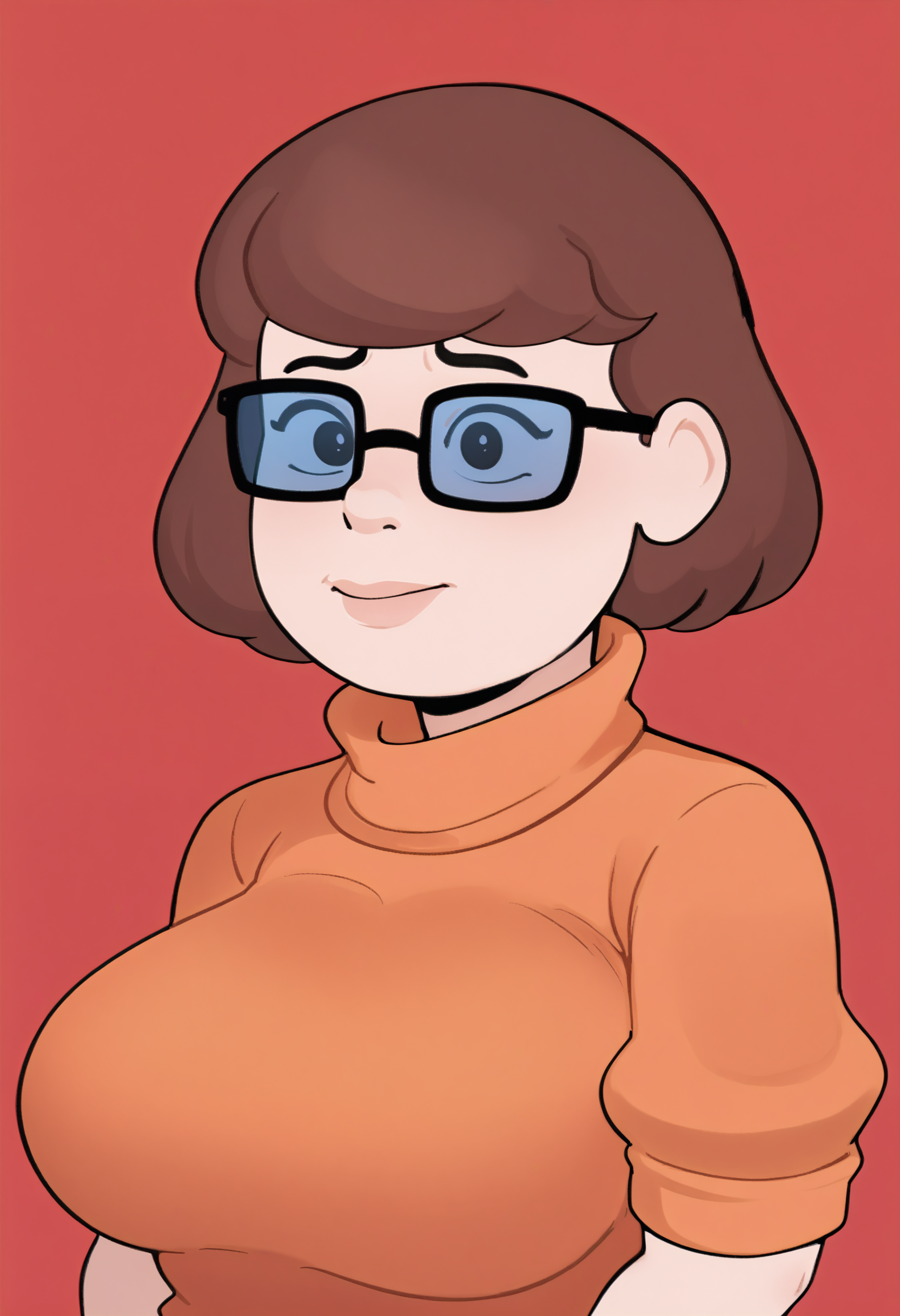 score_9, score_7_up, <lora:TheGoonerTenant-guy-PONY-DORAv1:1>, 1girl, solo, (velma dace dinkley):0.7, orange sweater, large breasts, portrait, red background