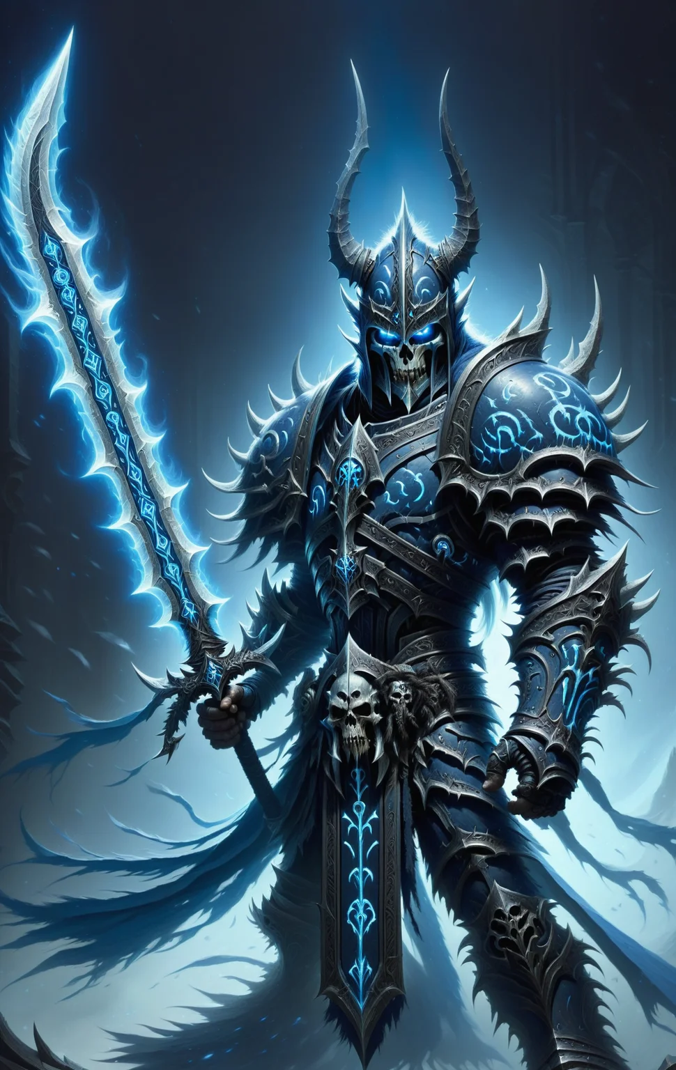 human, death knight, DonMD34thKn1gh7XL wielding runeblade, blue glowing runes, two handed sword, <lora:DonMD34thKn1gh7XL-v1.1-000010:0.8>
