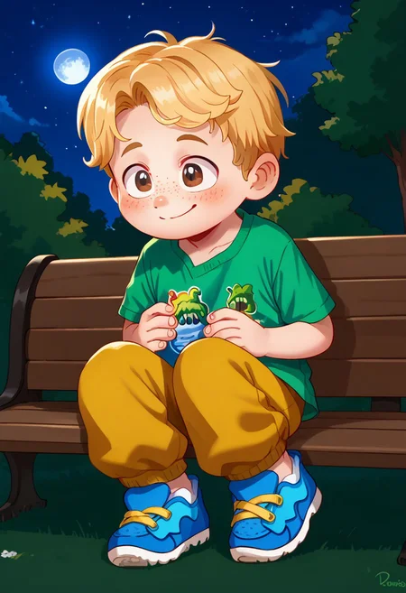 score_9, score_8_up, score_7_up, highly detailed, CuteCartoonStyle, cute boy, 1boy, solo, Aaron Mitchell, fair skin, shaggy, blonde hair, brown eyes, freckles. green t-shirt, dinosaurs shirt, blue and yellow strap sneakers, at night, full moon, sitted, bench, embarassed smile, half closed eyes, floating hearts, blushing, park,
DSCStyle, round eyes, exaggerated proportions, cartoonish features, anime-inspired, cute aesthetics, cartoonish proportions, highlights,smooth lines, glossy highlights, minimal detail, clean outlines, consistent line weight, gentle highlights