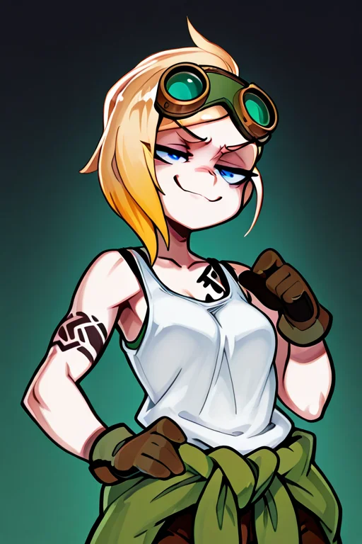 masterpiece, best quality, Detailed, 2D, Kabrap, 1girl, solo, sofiaporter, blonde hair, asymmetrical hair, blue eyes, goggles on head, tattoo, white tank top, gloves, black straps, green clothes around waist, brown pants, smug