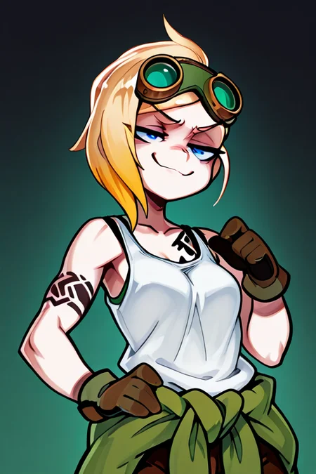 masterpiece, best quality, Detailed, 2D, Kabrap, 1girl, solo, sofiaporter, blonde hair, asymmetrical hair, blue eyes, goggles on head, tattoo, white tank top, gloves, black straps, green clothes around waist, brown pants, smug