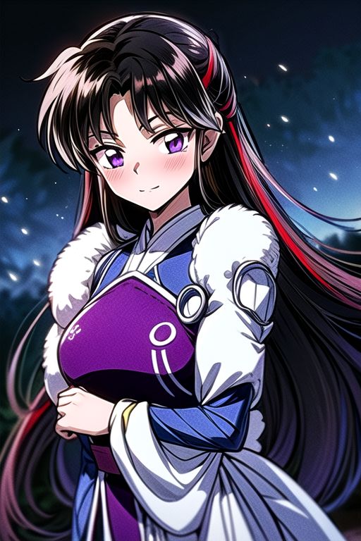 masterpiece,  best quality 1girl Setsun4 solo long hair,  (night time) forest background black hair very long hair purple eyes multicolored hair armor (fur trim) (medium body),<lora:EMS-179-EMS:0.800000>,<lora:EMS-293862-EMS:0.800000> bow, hair_bow, hair_tubes, red_bow, brown_hair, long_hair, bangs, ascot, frilled_bow, yellow_ascot, blush, smile, hair_between_eyes, athletic, armor, miko, ,(((intricate outfit,intricate clothes,embroidered outfit,ornate outfit,embroidered clothes,ornate clothes))),