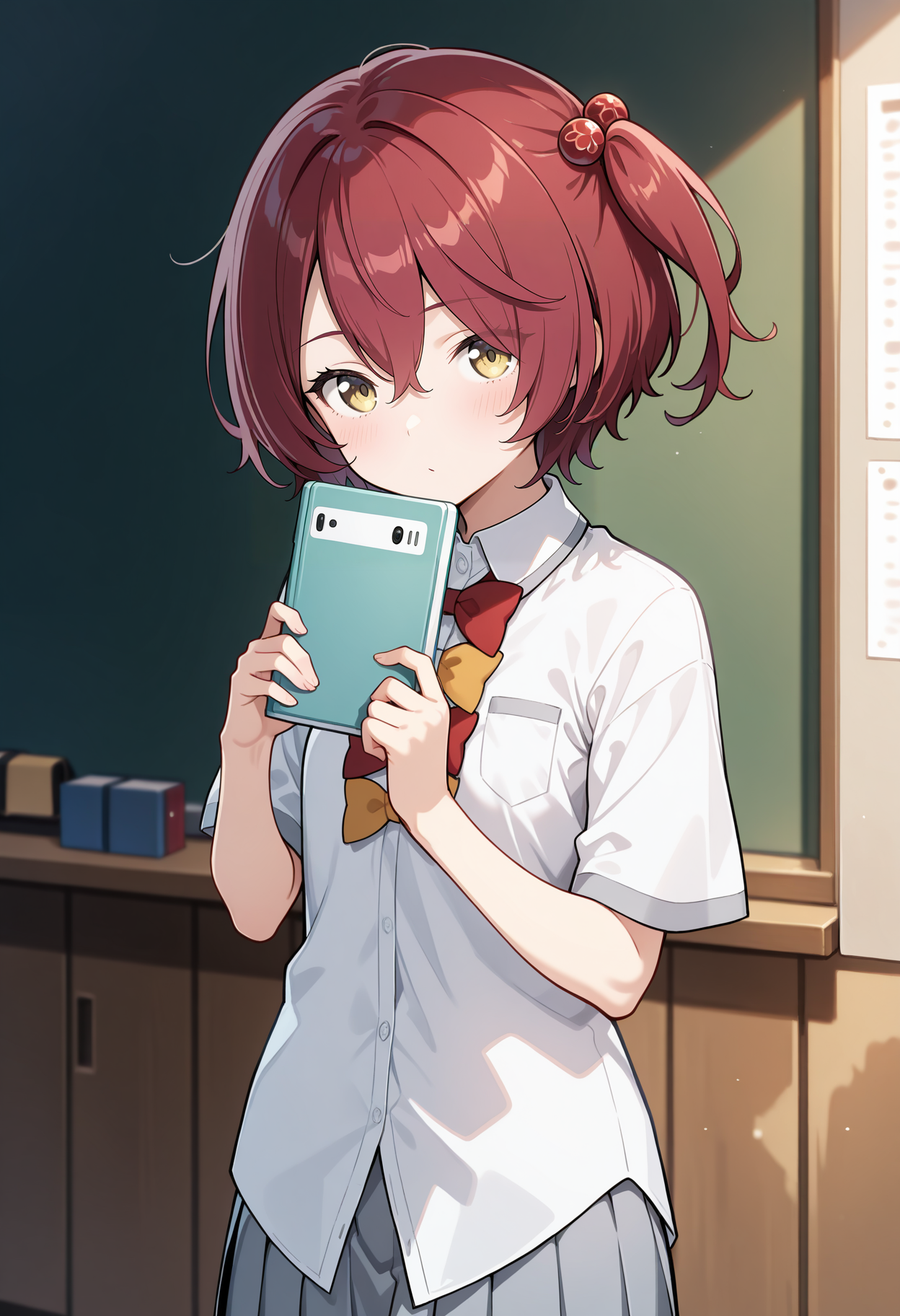 aakomari, short hair, red hair, one side up, hair bobbles, school uniform, red bow, yellow bow, collared shirt, white shirt, untucked shirt, short sleeves, pleated skirt, grey skirt, <lora:komari_chika_ilxl_v1:0.9>, solo, holding book, classroom, solo, looking at viewer,
ultra-detailed, masterpiece, newest, best quality