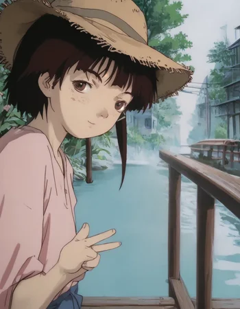score_9,score_8_up,score_7_up, cartoon_source, petite cute girl in wooden bridge, bare feet, freckles, black hair, pale skin, straw hat, closed eyes, cute smile, double v fingers, side ponytail, solo, cute, <lora:gh1bl1XLP:1> gh1bl1, small breasts,lain iwakura,iwakura_lain, lain,iwakura