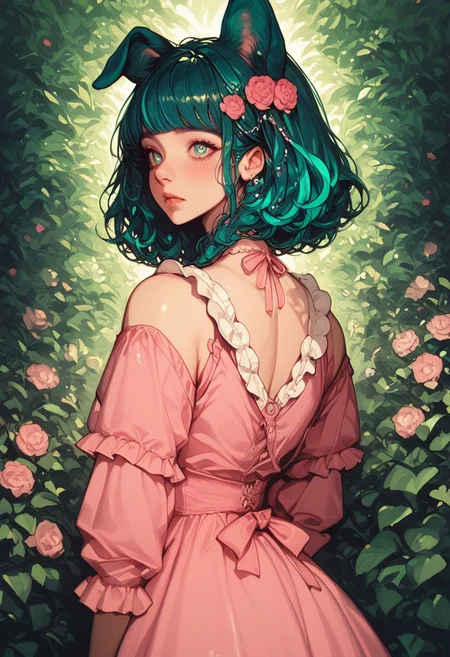 score_9, score_8_up, score_7_up, score_6_up, score_5_up, (art, from behind, (psychedelic), garden, sunlight, dog ears, pink dress, frilled dress, hair ornament, 1girl, shoulder length, teal hair, green streak, blunt bang)