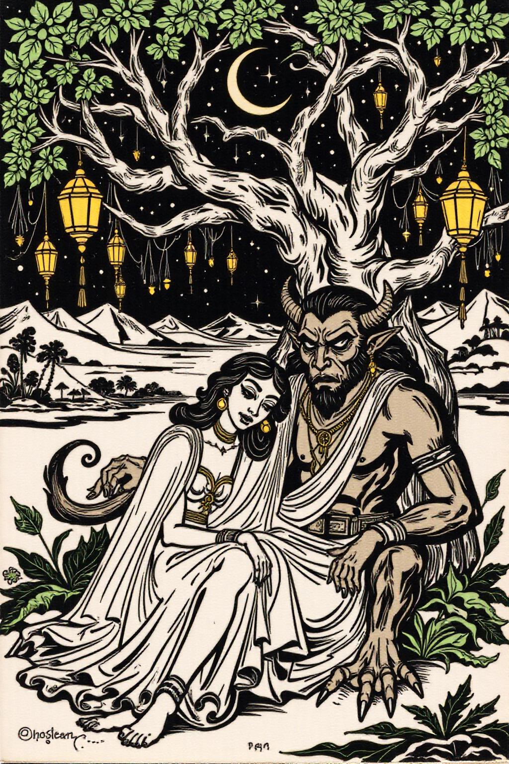 k1ooster black and white drawing of of a scene from Arabian Nights, rendered in intricate, colorful detail. A beautiful woman sits gracefully under a sprawling tree with lush, curving branches and hanging vines. She has striking, almond-shaped eyes, dark flowing hair, and wears elegant traditional attire with ornate jewelry that glimmers softly under the moonlight. Her expression is calm and serene as she gazes thoughtfully into the distance.
Resting his head gently on her lap is a large demon with a powerful, otherworldly presence. The demon, though fearsome in size, appears vulnerable as he lies beside her. His skin has a muted, earthy tone, and his features--sharp and beastly--are softened by a look of weary contentment. His claws are retracted, and he exudes a mixture of strength and peace in her presence.
The tree's twisted branches arc above them, framing the scene like a natural canopy. Golden lamps hang from the tree, casting warm, soft light, illuminating the two figures in a magical glow. The background is a deep, starry night, with hints of distant desert dunes and a crescent moon overhead, creating an enchanting and mystical ambiance that draws the viewer into this world of fantasy and myth.
 <lora:Flux-Sch-SingleBlocks-BF16:1.0> <lora:Klooster.Noborder.5Cos.D8A4.R20E10:0.8><lora:796088376328714682:0>