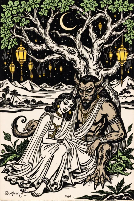 k1ooster black and white drawing of of a scene from Arabian Nights, rendered in intricate, colorful detail. A beautiful woman sits gracefully under a sprawling tree with lush, curving branches and hanging vines. She has striking, almond-shaped eyes, dark flowing hair, and wears elegant traditional attire with ornate jewelry that glimmers softly under the moonlight. Her expression is calm and serene as she gazes thoughtfully into the distance.
Resting his head gently on her lap is a large demon with a powerful, otherworldly presence. The demon, though fearsome in size, appears vulnerable as he lies beside her. His skin has a muted, earthy tone, and his features--sharp and beastly--are softened by a look of weary contentment. His claws are retracted, and he exudes a mixture of strength and peace in her presence.
The tree's twisted branches arc above them, framing the scene like a natural canopy. Golden lamps hang from the tree, casting warm, soft light, illuminating the two figures in a magical glow. The background is a deep, starry night, with hints of distant desert dunes and a crescent moon overhead, creating an enchanting and mystical ambiance that draws the viewer into this world of fantasy and myth.
<lora:Flux-Sch-SingleBlocks-BF16:1.0> <lora:Klooster.Noborder.5Cos.D8A4.R20E10:0.8><lora:796088376328714682:0>