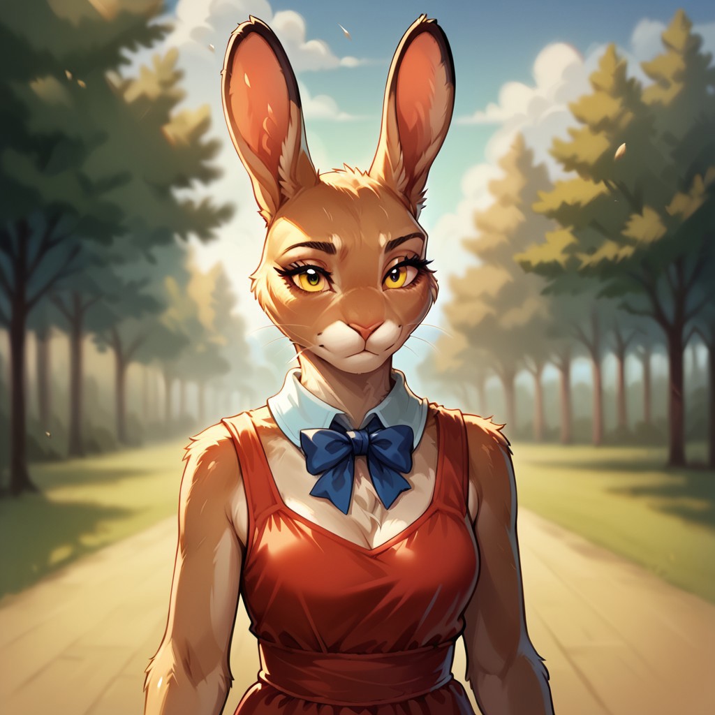 (((detailed, beautiful, high quality))), score_9, score_8_up, score_7_up, solo, 
harengon, furry hare, tail,
1 girl, focus woman, yellow eyes, beige skin, red sundress, sky blue tie, shirt collar,
looking at the viewer,
fantasy background, blurred background,