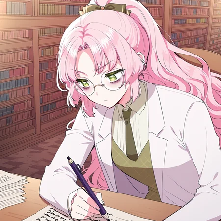 masterpiece, best quality, amazing quality, very aesthetic, absurdres, newest, scenery, 1girl, solo, <lora:Kiana_Frellai:1>, frellai, pink hair, emerald eyes, long hair, bangs, ponytail, round glasses, labcoat, bags under eyes, sitting, writing on paper, green tie, library background
