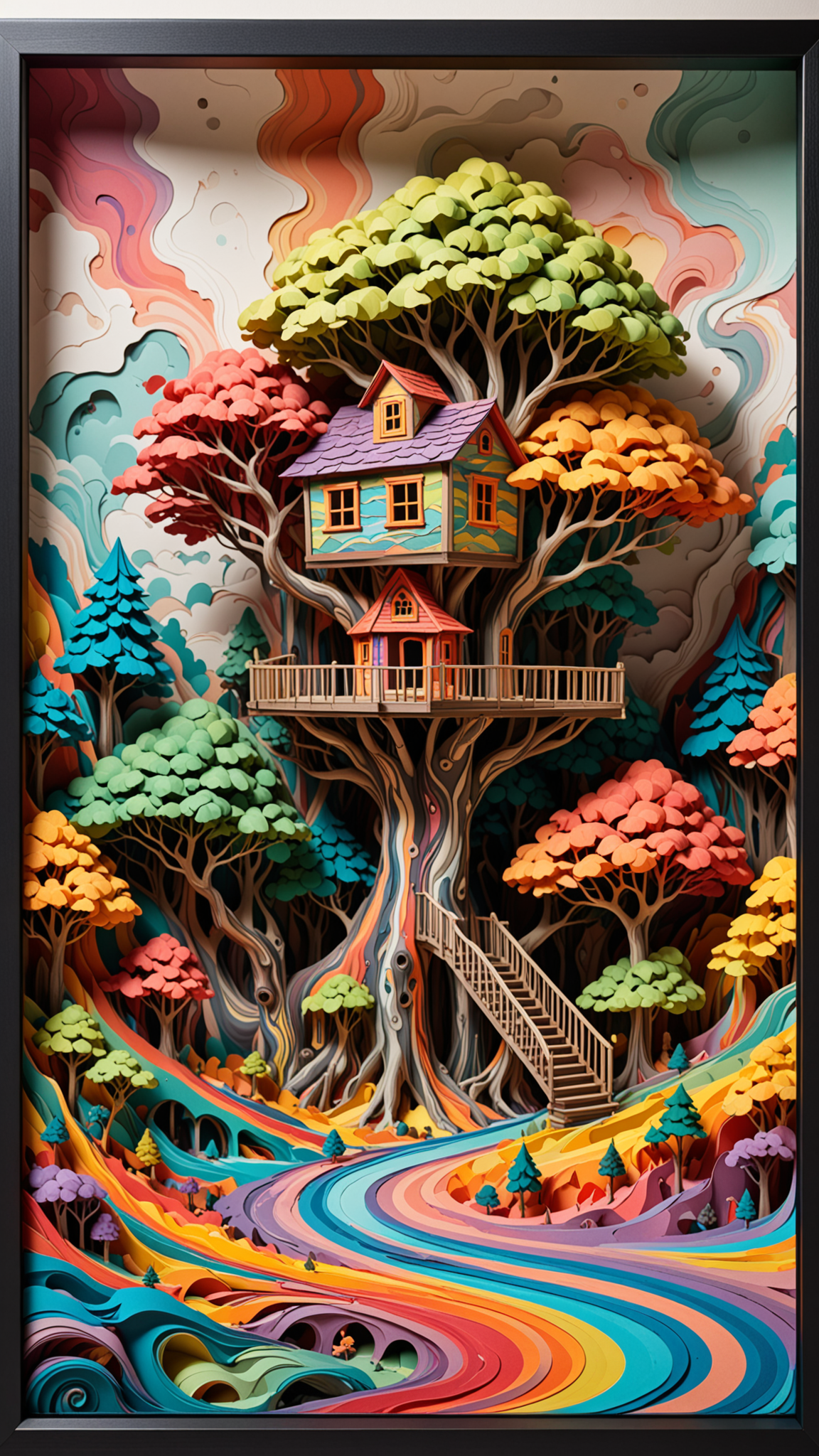(3d Framed, landscape) treehouse, colorful volumetric mad-marbled-paper fog <lora:3D_Framed_Wall_Art_-_By_DICE:0.4>, (3D)