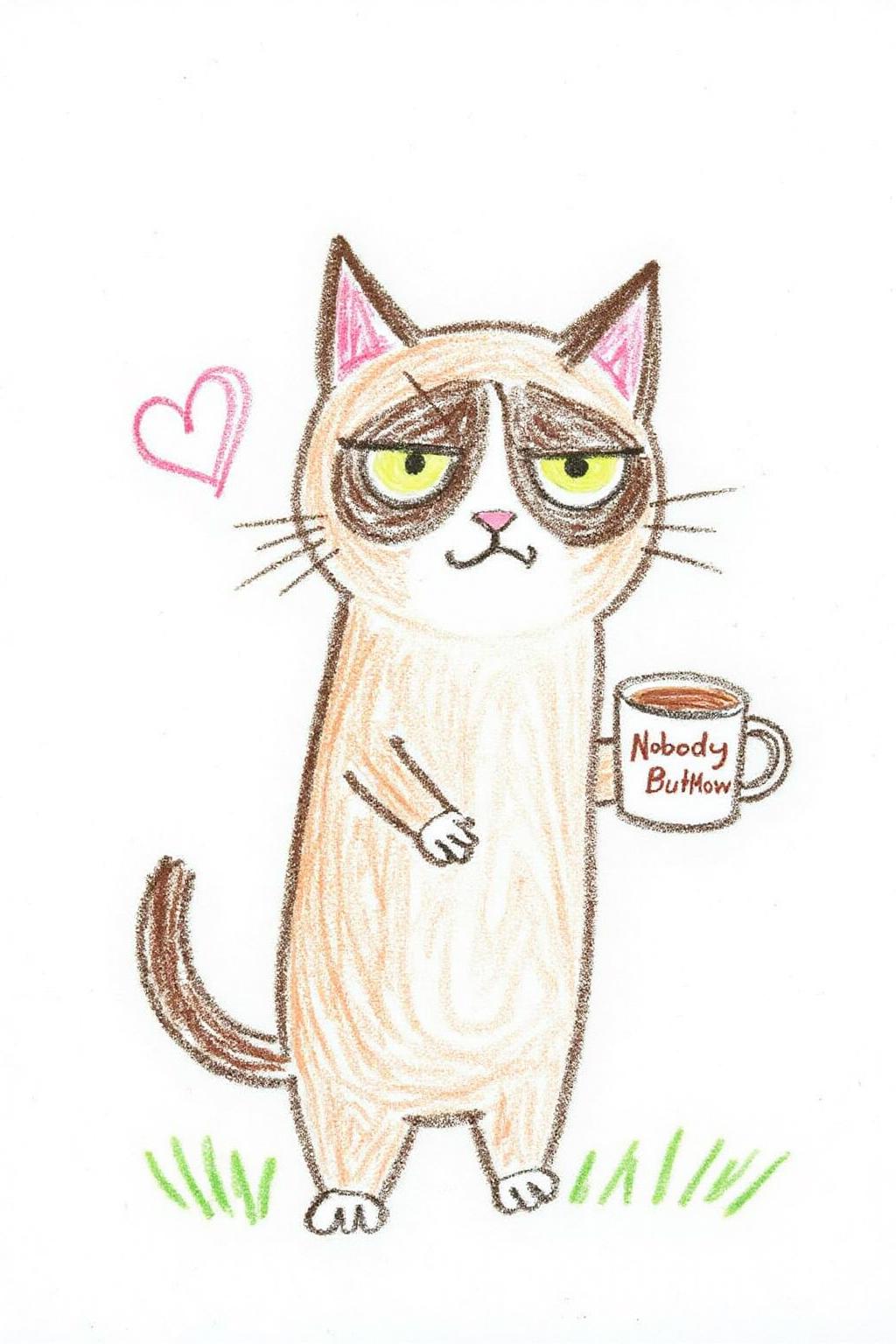This is a colorful, whimsical drawing, depicting a simple, childlike illustration.
Grumpy Cat holding a coffee mug, wearing a VR Headset. The mug has the phrase "NobodyButMeow" printed <lora:5yocrayon1_cap_d6a3e12:1.0><lora:822122243283871543:0>