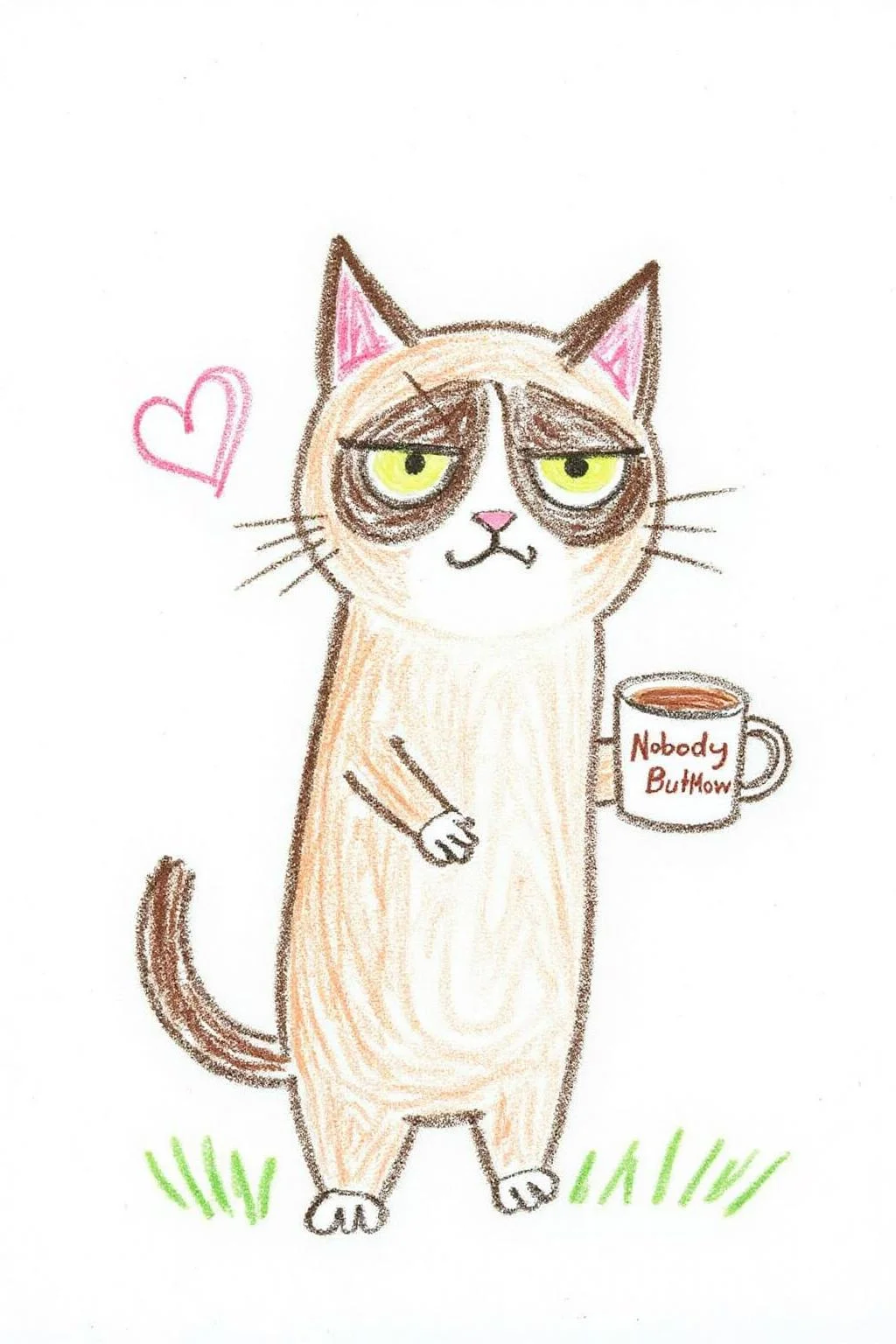This is a colorful, whimsical drawing, depicting a simple, childlike illustration.
Grumpy Cat holding a coffee mug, wearing a VR Headset. The mug has the phrase "NobodyButMeow" printed <lora:5yocrayon1_cap_d6a3e12:1.0><lora:822122243283871543:0>