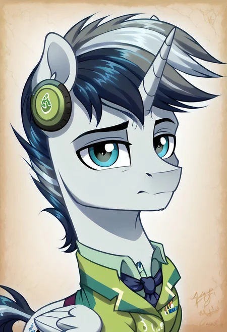 masterpiece, score_9_up, score_8_up, score_7_up, score_6_up, (best quality:1.1), ultra-detailed, high resolution, 1character, Changeling, mlp, man, feral, gray skin, full black tail, single horn, ears, closed mouth, detailed facial features, expressiveh, Equestria background, highly visible, sharp focus, anatomically correct, Equestria at War, Portrait of the leader, looking at the camera, black mane, black tail, green headphones, grey shirt, black pants, grey wings, grey horn