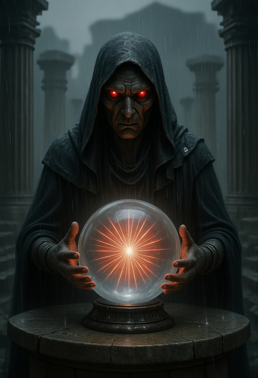 , 8K ultra-detailed shot of a veiled marble oracle seated at a stone altar, hands clasped over a glowing crystal ball. Rain falls gently around it, untouched by an invisible force field. Red and white light spirals within the orb, projecting holograms of Trojan War battles into the fog. Behind, Delphi-like ruins loom. Details: micro-cracks in the crystal, ethereal smoke rising from the altar.
